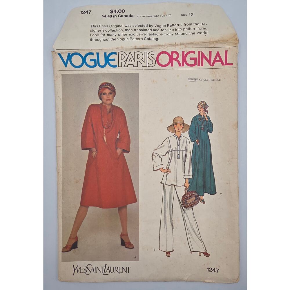 Vogue Yves Saint Laurent 12‎ Sewing Pattern Loose Dress Tunic Top, Wide Leg Pant